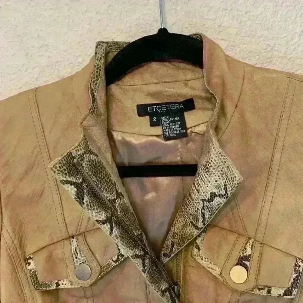 Etcetera tan leather snakeskin jacket sz 2 preppy moto 90s fall winter *flaw - Picture 3 of 13